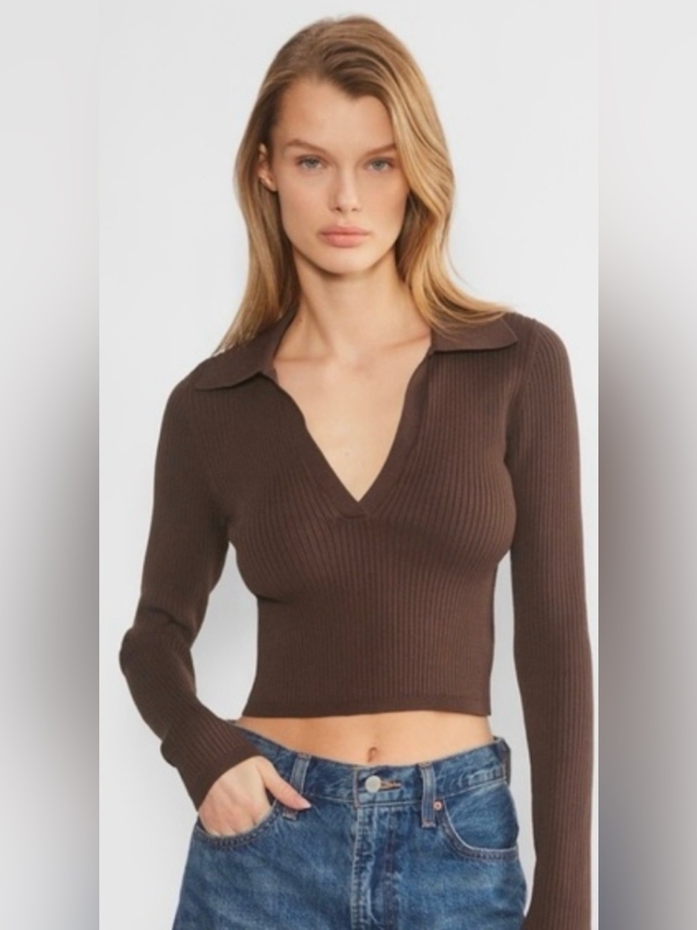 Babaton Chocolate Sculpt Knit Long Sleeve Polo Top